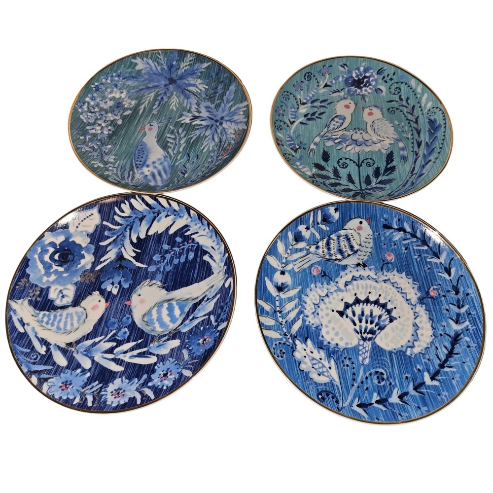 Pier 1 Blue White Bird Floral Porcelain Salad Plates Set 4 Gold Rim Scandinavian